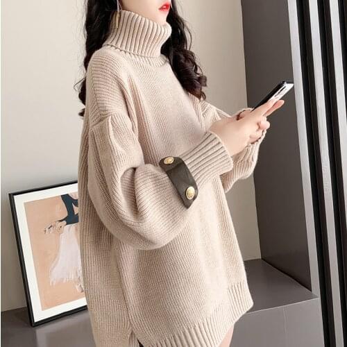Turtleneck Knitted Women Sweater And Pullovers Solid Thicken Warm Loose Casual All Match Female Pulls Outwear Coats Tops
