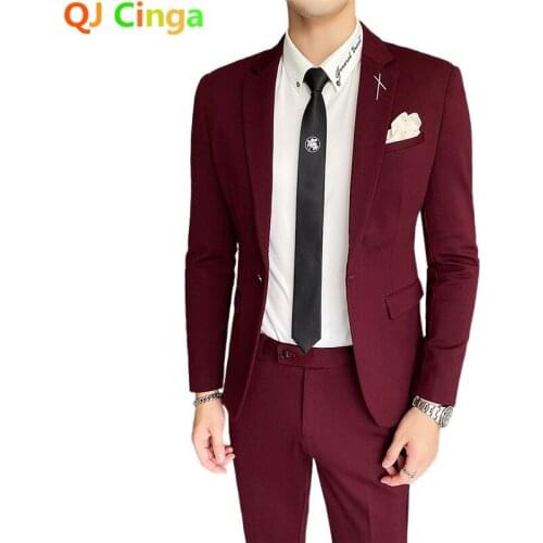 Terno Autumn / Winter New Red 2 Piece Set Mens Tuxedo Wedding Party Slim Men Dress Suit Red Black Blue Gray S M L XL XXL XXXL