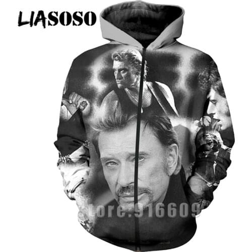 LIASOSO Fiery Rock Star Johnny Hallyday Hoodie 3D Printing Mens Zipper Shirt Fashionable Womens Top Sweatshirt Hooded Shirt