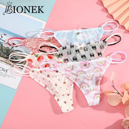 BIONEK T-String Thongs Sexy Underwear Cherry Strawberry Cute Ladies Panties Low Waist Mesh Thong Woman Lingerie Sexy Transparent