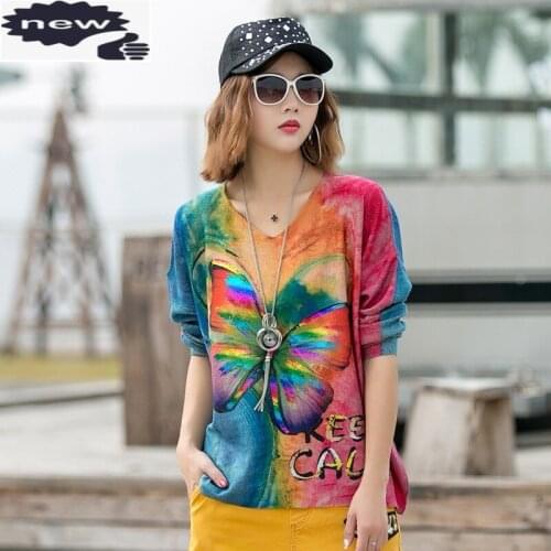 Vintage Butterfly Printed Long Sleeve Knitting Pullover T-Shirts Women Casual Loose Fit O-Neck Short Tops Fashion Autumn T-Shirt