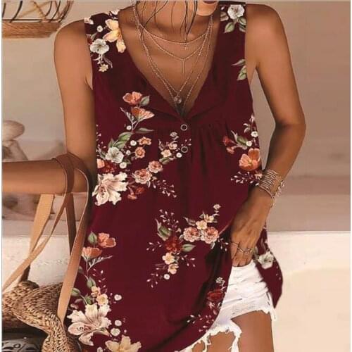 Spring and summer womens printed V-neck button sleeveless vest blouse T-shirt