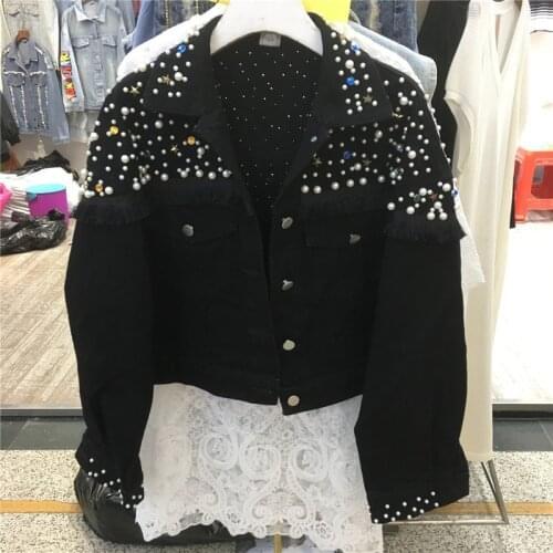 Vintage Heavy Industry Beading Diamond Jeans Jacket Female 2021 Spring Korean Short Burrs Denim Coat Casual Clothes Tide G1385
