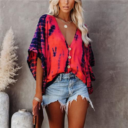 Lady Tshirts Women V-neck Bat Sleeve Tie-dye Printed Shirt Aesthetic Clothes Women Breathable Comfortable Sexy Tops
