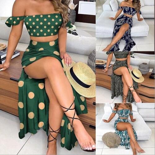 Summer Off Shoulder Floral Print Crop Top & High Slit Maxi Skirt Suits Women Sexy Dress Two Piece Sets Ensemble Femme Ropa Mujer