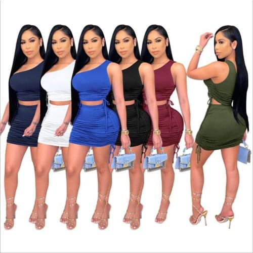 2Pcs Women Summer Outfits Solid Color One Shoulder Drawstrings Crop Tops + Ruffled Short Mini Skirt for Ladies 6 Colors