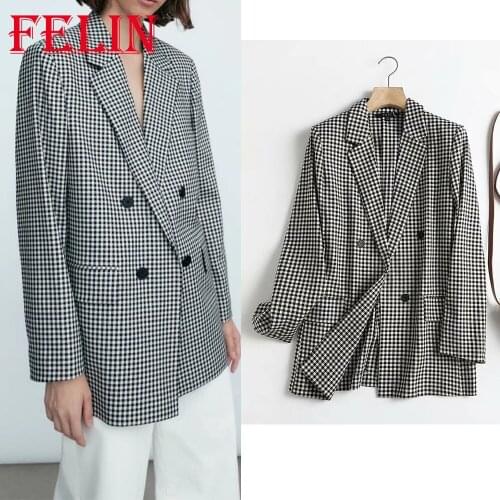 Za 2021 Office Lady Plaid Oversized Long Women Blazer Double Breasted V Neck Long Sleeve Jackets Fashion Autumn Casual Outwear