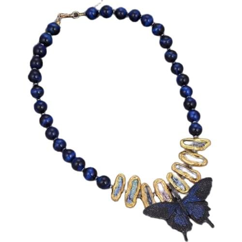 GG Jewelry Natural Blue Tiger Eye Round Smooth Gold Color Black Biwa Pearl Necklace CZ Butterfly Pendant 20" for women For Women