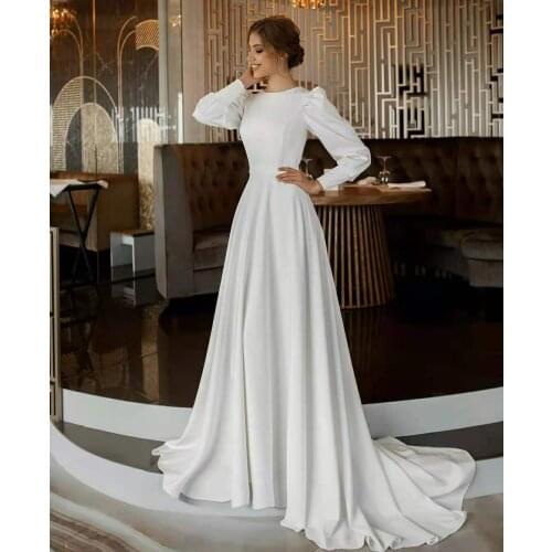 Long O-Neck A-Line Muslim Wedding Dresses with Pockets Sweep Train Button Back White Brautkleider Robes de Soirée for Women