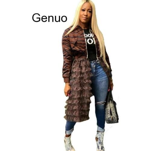 Women Winter Long Sleeve Cascading Ruffles Lace Patchwork Zipper Open Big Swing Long Trench High Street Coat Night S-3XL