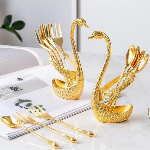 7pcs Swan Fruit Base Holder Forks Set Stainless Steel Salad Dessert Forks Coffee Spoon Fruit Cake Tableware Zero Waste Flatware