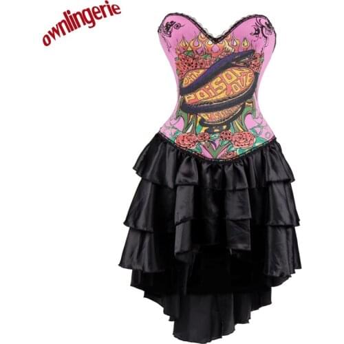Free shipping wholesale Sexy pink Punk Corset Bustier dress with animal Dragon design s-2xl W3487