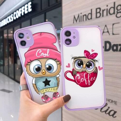 Phone Case For iPhone 12 11 Mini Pro XR XS Max 7 8 Plus X Cartoon Girl Gifts Cute Owl lovers Matte transparent Purple Back Cover
