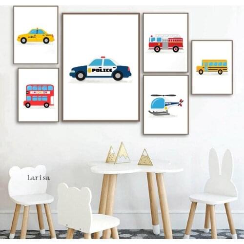 Kids Room Decoration Cartoon Car Bus Wall Art Picture Print Police Car Airplane Poster and Print for Baby Kids Room Wall Decor