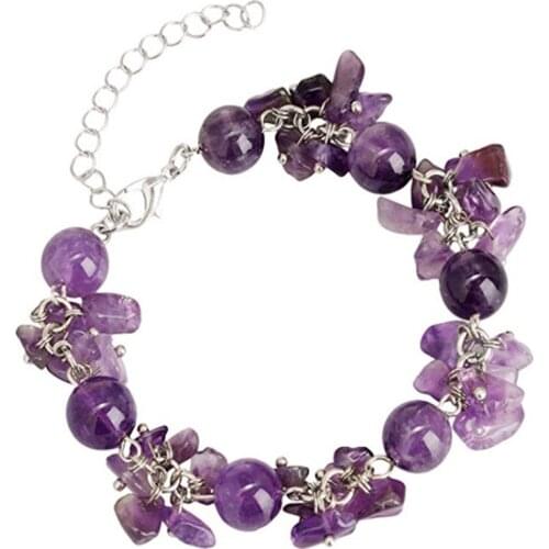 FYJS Unique Silver Plated Handmade Natural Purple Amethysts Stone 8 mm Round Beads with Irregular Shape Gravel Bracelet