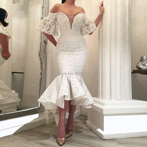 Glamorous Ivory Boat Neck Evening Dress Off The Shoulder Mermaid Mid-Calf Applique Sequins Prom Dress Lady Dress Women Dress