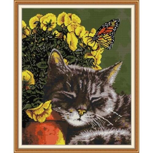 Joy Sunday Cross Stitch The Cats Are Intoxicated Patterns 14CT 11CT Counted Fabric Embroidery Painting for Home Decoration Sets