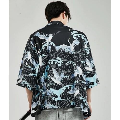 Kimonos Mens T Shirts Fashion 2019 Summer Haori Print Red-Crowned Crane Kimono Cardigan Men Boho Japanese Kimono Yukata FF2112