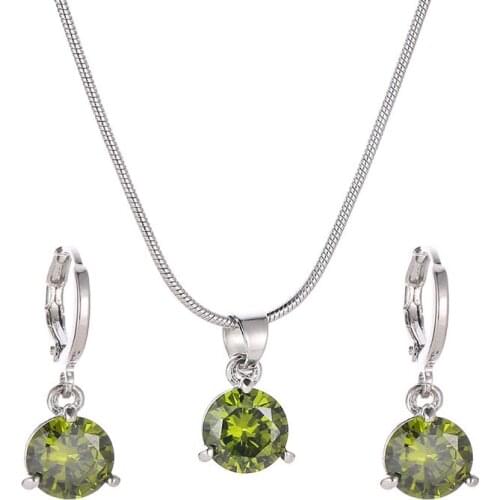 Geometric Pink Red Black White Green Blue Circle Bling Zircon Necklace Drop Earring Set Alloy Charm Jewelry Sets For Women