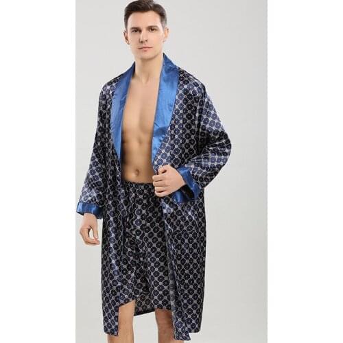 European Size Men Two-piece Kimono Robe Set Plus Size 3XL Male Silk Satin Robe Shorts Suit Silky Bathrobe Loose Home Sleepwear