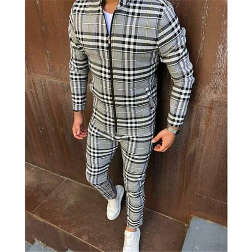 New Fashion Casual Zipper Stand Collar Jacket Men Suit Mens 3D Plaid Sports Slim-Fit Suit Men Two Piece Set Sports Casual Suit