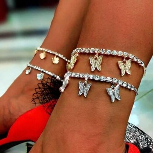 Fashion Butterfly anklet Rhinestone Tennis Chain Foot Chain Jewelry for Women Summer Beach Anklet Butterfly Barefoot Chain