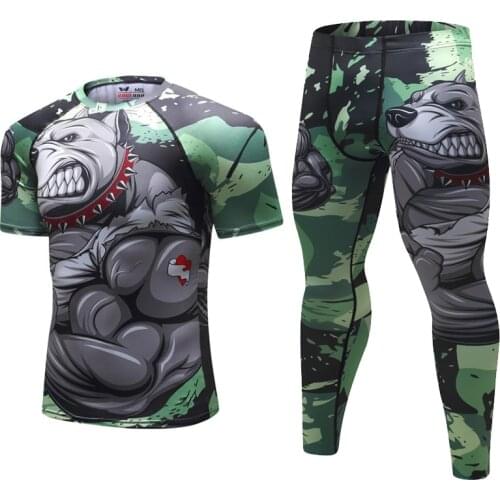 New MMA Fightwear Muay Thai Boxing Set Compression Jersey+Pants Bully Dog Rashguard KickBoxing Tight Long T-Shirts Trousers