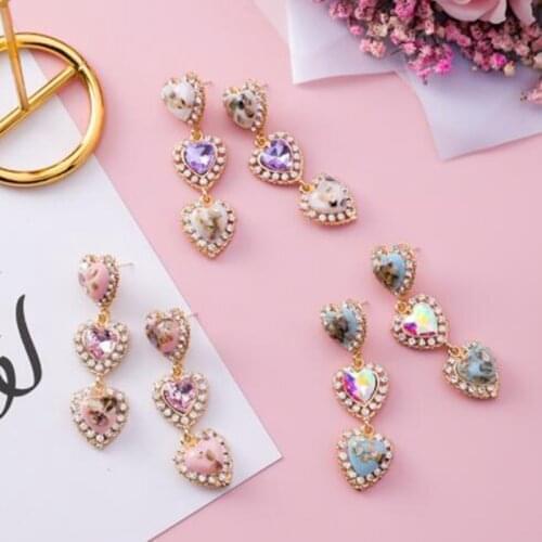 Korean New Colorful Shell Love Heart Crystal Long Pendientes Mujer Moda Statement Rhinestone Drop Earrings