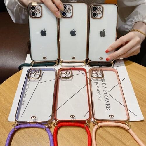 Plating Edge Soft TPU Clear Phone Case for iPhone 12 Mini 11 Pro XS Max Necklace Cord Chain Hanging Rope Crossbody Back Cover
