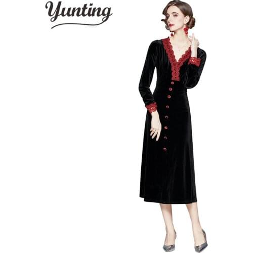 Autumn Velvet Ladies Winter Dress Women 2021 Long Sleeved Dress V-neck Vestidos Feminina Dress
