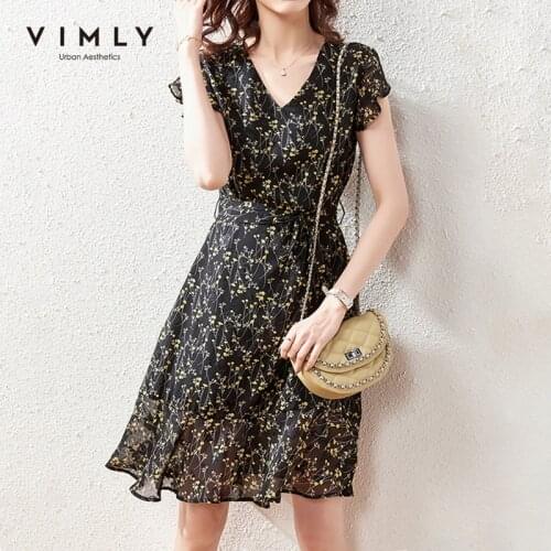 VIMLY Summer Women Dress Fashion Ruffles Short Sleeve Floral Dresses High Waist V Neck Dress Lady Vestidos Female Dresses F7119