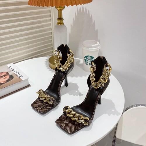Sexy Snake Print Pu Leather Square Toe Gladiator Sandals Women Fashion Metal Chain Designer Slides Shoes Stiletto Heels