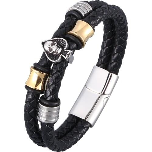 Spades Skull Stainless Steel Punk Men Leather Bracelet Multiple Handchain Bangle Exquisite Jewelry Party Favors BB0937