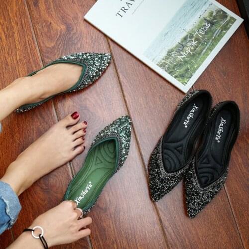 Green Pointed toe ballet flats women chains design rhinestone espadrilles moccasins casual plus size 34-40 roll-up loafers shoes