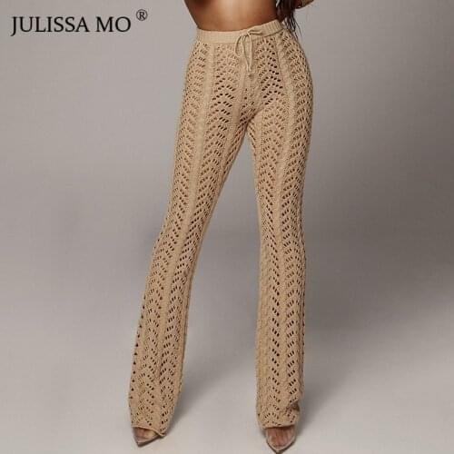 JULISSA MO Sexy Hollow Out Wide Leg Pants Women Autumn High Waist Bandage Trousers Winter Knitted Crochet Bottoms Casual Pant