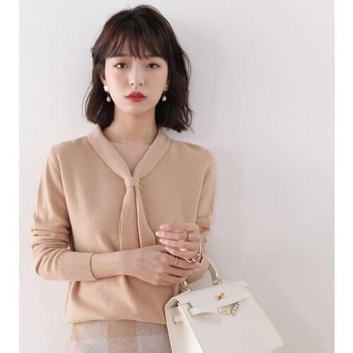 2021 Autumn And Winter New Women Pure Wool Sweater Coat Bow Tie Long Sleeve Cashmere Pullover Female Slim Kniting Warm Sweater