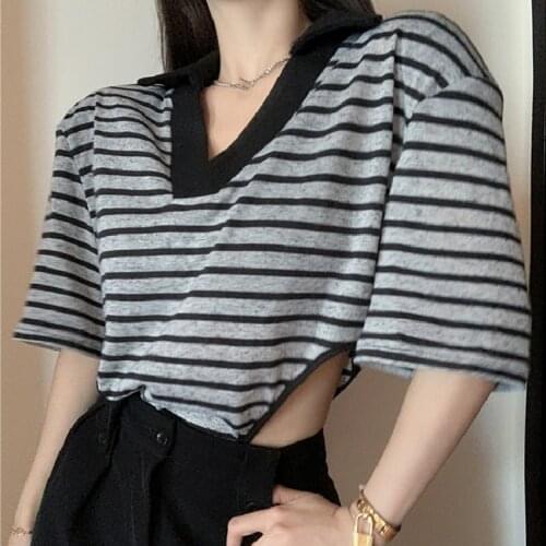 Fashion Striped Polo T-shirt Bodysuits Womens 2021 Summer Korean Loose Lapel Short Sleeve Top Jumpsuits Rompers Streetwear