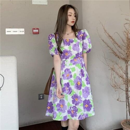 2021 Women Summer Short Floral Dress Sweet Square Collar Puff Sleeve Slim Waist A-line Sundress Pullover Slim Women