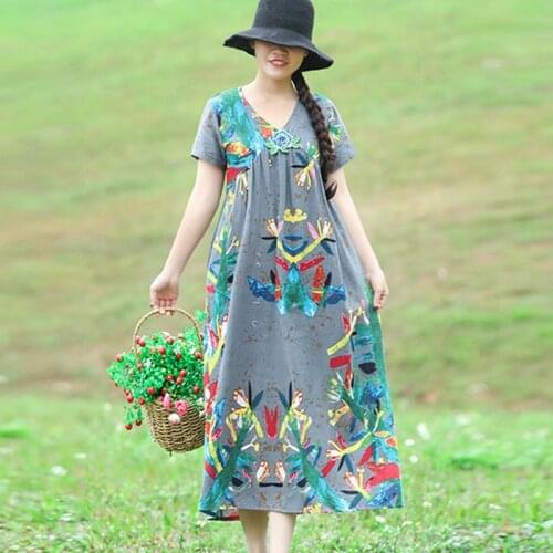 2021 New Arrival Prairie Chic Vintage Dress Cotton Short Sleeve Loose Summer Dress Print Floral Women Travel Casual Midi Dress