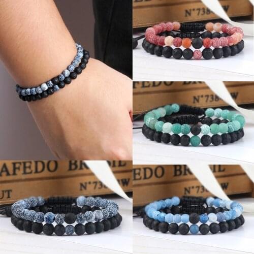 2pcs/set Multi-color Natural Weathered Stone Beaded Bracelets Handmade Braided Strand Bracelets&Bangles Women Men Rock Jewelry