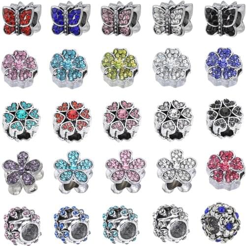 2Pcs/Lot 45 Styles Crystal Butterflies & Flowers Charm Beads Fit European Style Brand Bracelets For Women Fashion Jewelry Gift