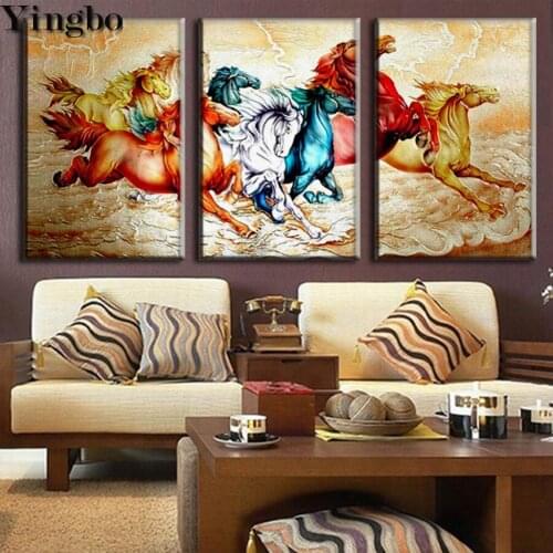 5D DIY Diamond Painting Cross Stitch Running Horses Embroidery Rhinestones Full Drill Square Mosaic Diamond round 3 pcs