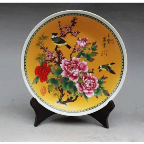 Exquisito chino hecho a mano familia arcaica Rosa porcelana placa pintada con pájaros y flores