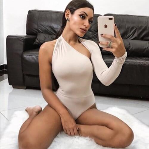 Bodysuit Women Sexy Hollow Out Long Sleeve One Shoulder Slim Bodycon Jumpsuits Female Solid Color Skinny Stretch Body Rompers