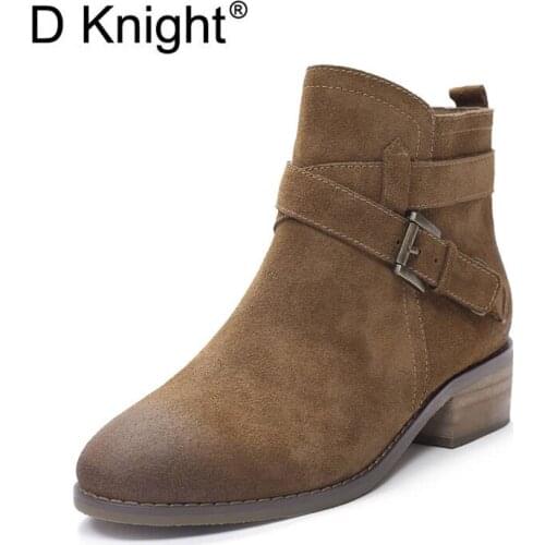 New Womens Casual Round Toe Side Zipper Buckle Strap Decoration Ankle Boots Vintage Cow Leather Motorcycle Boots Winter Boots