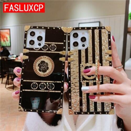 Luxury Flower Square Phone Case with Ring Stand Holder for Coque iPhone 12 Pro Max Mini 11 6 8 7 Plus X XS XR Anti-Shock Cover