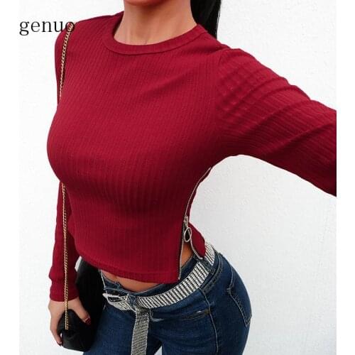 Black Gothic Bodycon Ribbed Zipper Long Sleeve T-Shirt Women Korea Streetwear Cotton Femme T Shirts Crop Top Tee Autumn