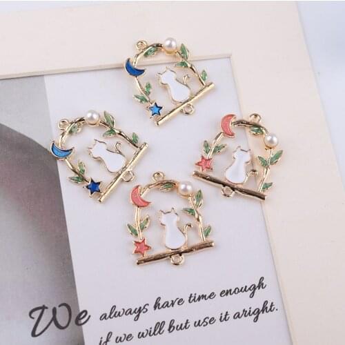 MRHUANG 10pcs/pack Cat in the mone star lace leaf enamel Charms Connector fit Necklace bracelet DIY Fashion Jewelry Accessory