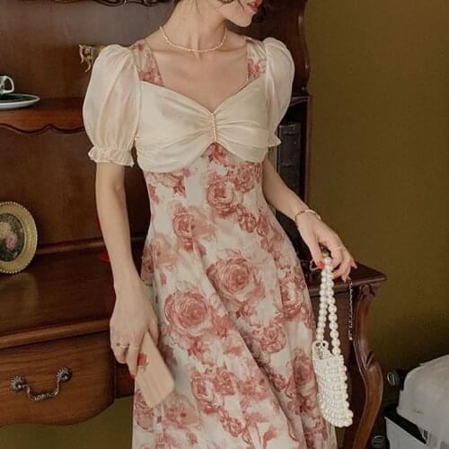 Hstar Summer Chiffon Casual Slim Party Dress 2021 Elegant Floral Dress Women Patchwork V-neck French Vintage Sexy Midi Dress