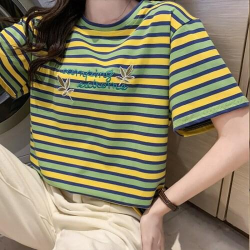 Summer Women Rainbow Striped Embroidered Letter T-shirts 2021 Fashion New Round Neck Short Sleeve Korean Loose Cotton Tee Tope